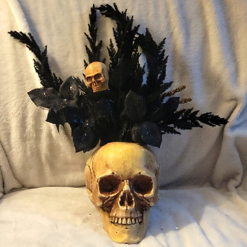 Skull Vase with Black Floral Arrangement. Goth, Holiday, Home Decor.
